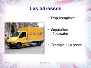 30/01/15 Part 1 : Les bases 3
Les adresses
● Trop complexe
● Séparation
nécessaire
● Exemple : La poste
 