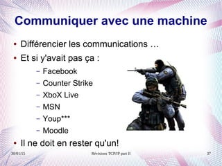 30/01/15 Révisions TCP/IP part II 37
Communiquer avec une machine
● Différencier les communications …
● Et si y'avait pas ça :
– Facebook
– Counter Strike
– XboX Live
– MSN
– Youp***
– Moodle
● Il ne doit en rester qu'un!
 