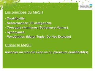 Les principes du MeSH
- QualificatifsQualificatifs
- Arborescence (16 catégories)Arborescence (16 catégories)
- Concepts chimiques (Substance Names)Concepts chimiques (Substance Names)
- SynonymesSynonymes
- Pondération (Major Topic, Do Not Explode)Pondération (Major Topic, Do Not Explode)
Utiliser le MeSH
Associer un mot-clé avec un ou plusieurs qualificatif(s)Associer un mot-clé avec un ou plusieurs qualificatif(s)
 