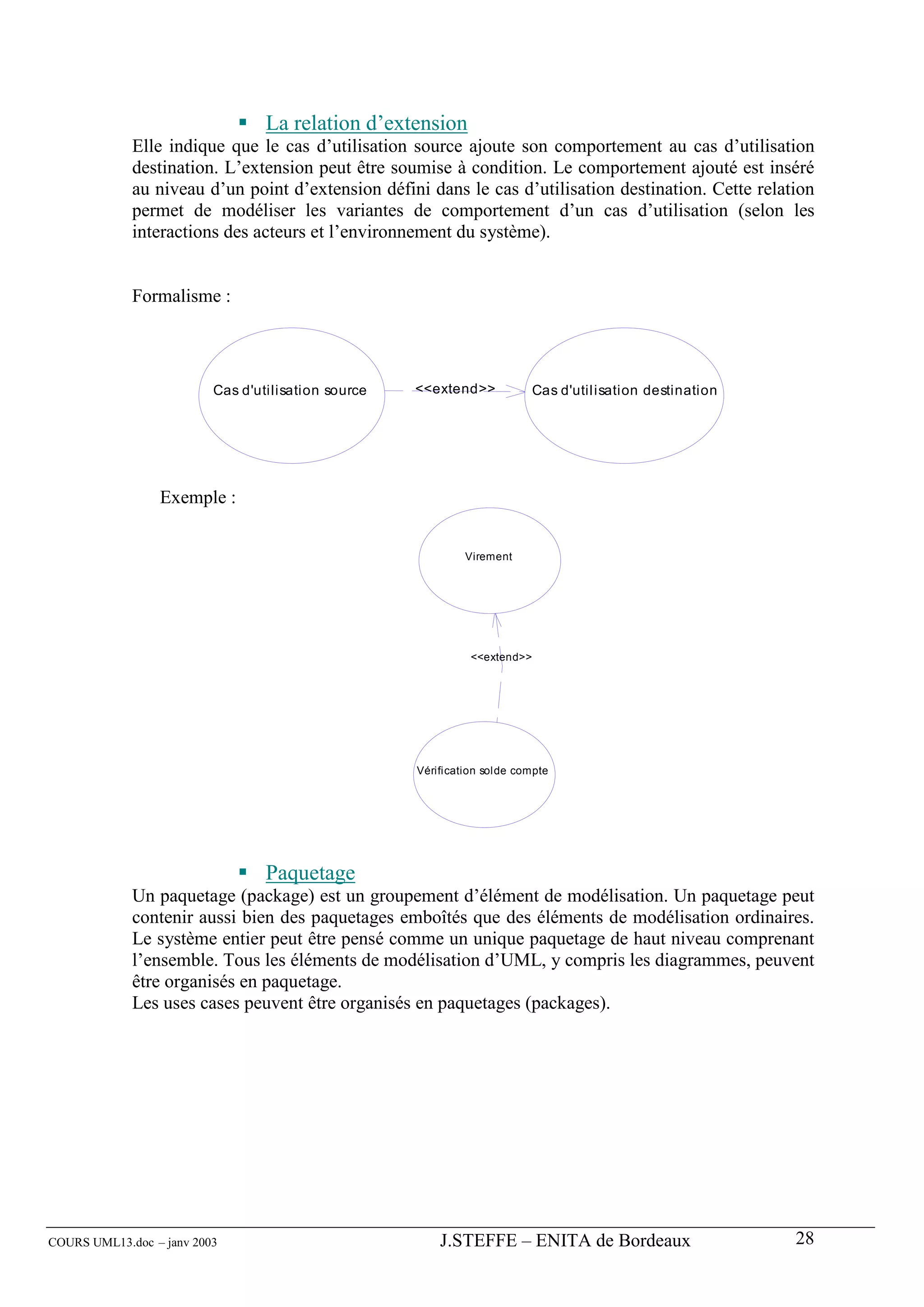 La relation d’extension
             Elle indique que le cas d’utilisation source ajoute son comportement au cas d’utilisation
             destination. L’extension peut être soumise à condition. Le comportement ajouté est inséré
             au niveau d’un point d’extension défini dans le cas d’utilisation destination. Cette relation
             permet de modéliser les variantes de comportement d’un cas d’utilisation (selon les
             interactions des acteurs et l’environnement du système).


             Formalisme :




                          Cas d'utilisation source   <<extend>>           Cas d'utilisation destination




                 Exemple :


                                                              Virement




                                                               <<extend>>




                                                     Vérification solde compte




                                  Paquetage
             Un paquetage (package) est un groupement d’élément de modélisation. Un paquetage peut
             contenir aussi bien des paquetages emboîtés que des éléments de modélisation ordinaires.
             Le système entier peut être pensé comme un unique paquetage de haut niveau comprenant
             l’ensemble. Tous les éléments de modélisation d’UML, y compris les diagrammes, peuvent
             être organisés en paquetage.
             Les uses cases peuvent être organisés en paquetages (packages).




COURS UML13.doc – janv 2003                              J.STEFFE – ENITA de Bordeaux                     28
 