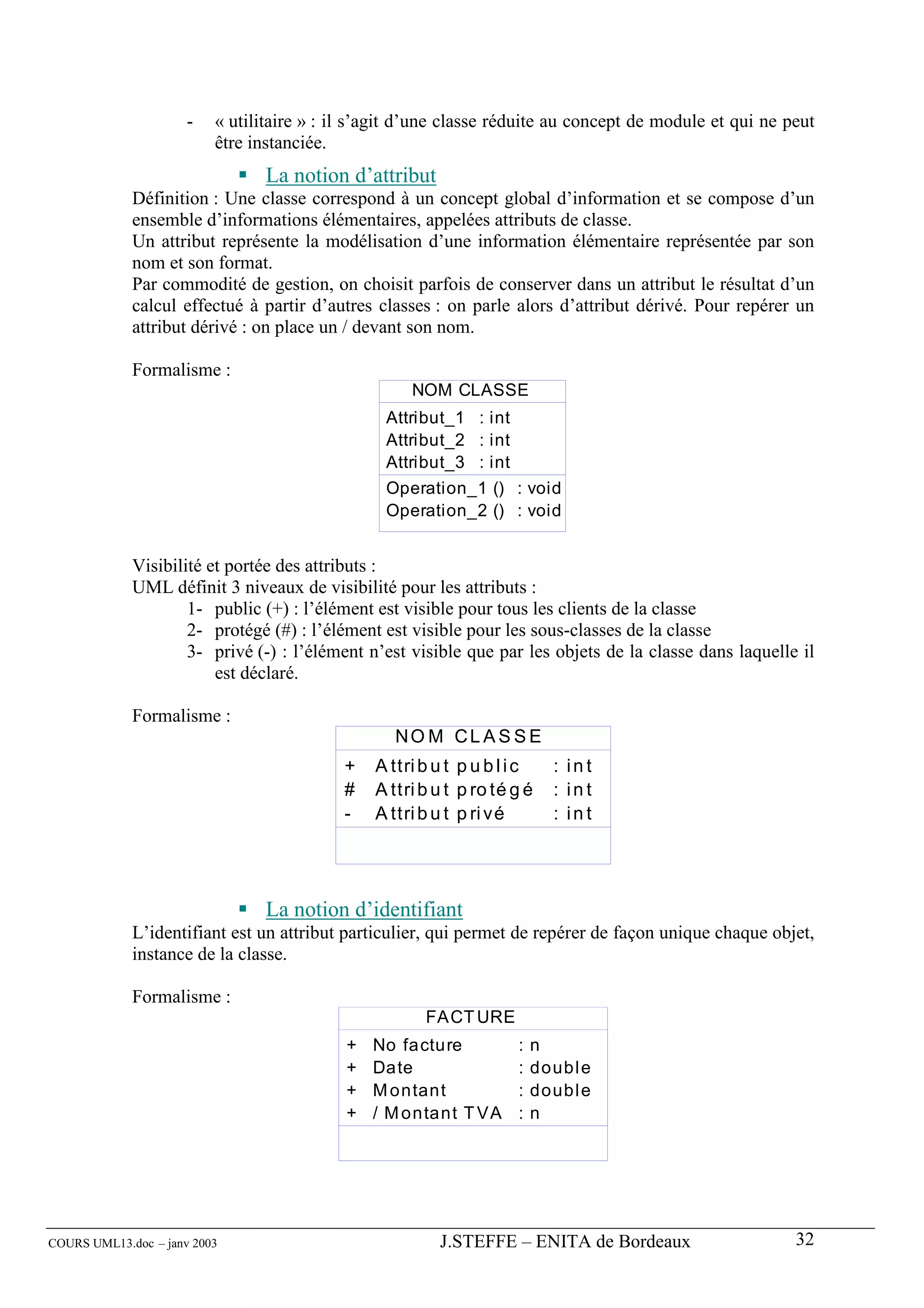 -   « utilitaire » : il s’agit d’une classe réduite au concept de module et qui ne peut
                          être instanciée.
                                 La notion d’attribut
             Définition : Une classe correspond à un concept global d’information et se compose d’un
             ensemble d’informations élémentaires, appelées attributs de classe.
             Un attribut représente la modélisation d’une information élémentaire représentée par son
             nom et son format.
             Par commodité de gestion, on choisit parfois de conserver dans un attribut le résultat d’un
             calcul effectué à partir d’autres classes : on parle alors d’attribut dérivé. Pour repérer un
             attribut dérivé : on place un / devant son nom.

             Formalisme :
                                                     NOM CLASSE
                                                 Attribut_1 : int
                                                 Attribut_2 : int
                                                 Attribut_3 : int
                                                 Operation_1 () : void
                                                 Operation_2 () : void


             Visibilité et portée des attributs :
             UML définit 3 niveaux de visibilité pour les attributs :
                     1- public (+) : l’élément est visible pour tous les clients de la classe
                     2- protégé (#) : l’élément est visible pour les sous-classes de la classe
                     3- privé (-) : l’élément n’est visible que par les objets de la classe dans laquelle il
                         est déclaré.

             Formalisme :
                                                   NO M CL A S S E
                                           +    A ttri b u t p u b l i c   : int
                                           #    A ttri b u t p ro té g é   : int
                                           -    A ttri b u t p ri vé       : int




                                 La notion d’identifiant
             L’identifiant est un attribut particulier, qui permet de repérer de façon unique chaque objet,
             instance de la classe.

             Formalisme :
                                                       FACT URE
                                            +   No facture           :   n
                                            +   Date                 :   doubl e
                                            +   M ontant             :   doubl e
                                            +   / M ontant T VA      :   n




COURS UML13.doc – janv 2003                              J.STEFFE – ENITA de Bordeaux                     32
 