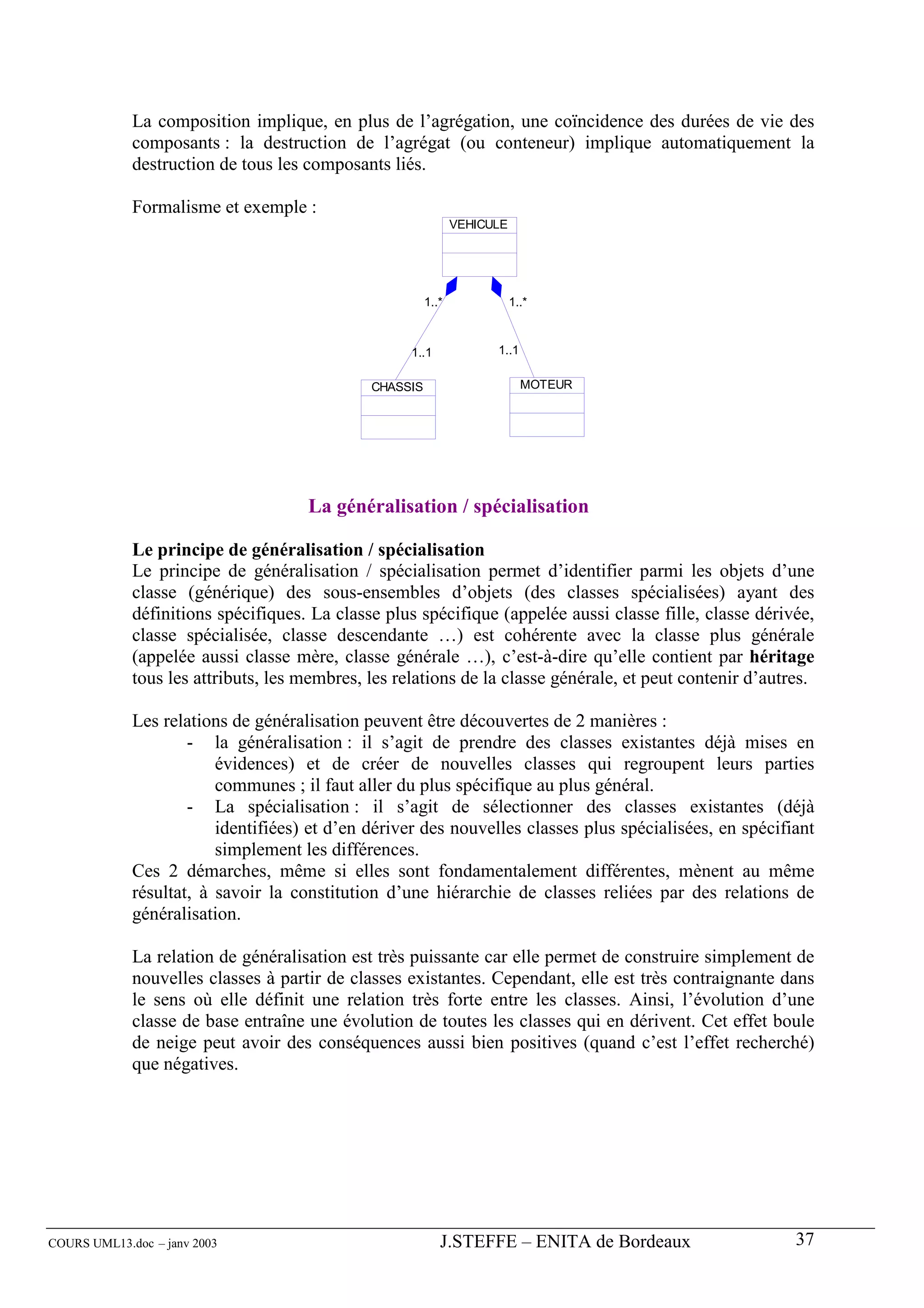 La composition implique, en plus de l’agrégation, une coïncidence des durées de vie des
             composants : la destruction de l’agrégat (ou conteneur) implique automatiquement la
             destruction de tous les composants liés.

             Formalisme et exemple :
                                                               VEHICULE




                                                        1..*              1..*



                                                    1..1             1..1

                                              CHASSIS                       MOTEUR




                                     La généralisation / spécialisation

             Le principe de généralisation / spécialisation
             Le principe de généralisation / spécialisation permet d’identifier parmi les objets d’une
             classe (générique) des sous-ensembles d’objets (des classes spécialisées) ayant des
             définitions spécifiques. La classe plus spécifique (appelée aussi classe fille, classe dérivée,
             classe spécialisée, classe descendante …) est cohérente avec la classe plus générale
             (appelée aussi classe mère, classe générale …), c’est-à-dire qu’elle contient par héritage
             tous les attributs, les membres, les relations de la classe générale, et peut contenir d’autres.

             Les relations de généralisation peuvent être découvertes de 2 manières :
                     - la généralisation : il s’agit de prendre des classes existantes déjà mises en
                         évidences) et de créer de nouvelles classes qui regroupent leurs parties
                         communes ; il faut aller du plus spécifique au plus général.
                     - La spécialisation : il s’agit de sélectionner des classes existantes (déjà
                         identifiées) et d’en dériver des nouvelles classes plus spécialisées, en spécifiant
                         simplement les différences.
             Ces 2 démarches, même si elles sont fondamentalement différentes, mènent au même
             résultat, à savoir la constitution d’une hiérarchie de classes reliées par des relations de
             généralisation.

             La relation de généralisation est très puissante car elle permet de construire simplement de
             nouvelles classes à partir de classes existantes. Cependant, elle est très contraignante dans
             le sens où elle définit une relation très forte entre les classes. Ainsi, l’évolution d’une
             classe de base entraîne une évolution de toutes les classes qui en dérivent. Cet effet boule
             de neige peut avoir des conséquences aussi bien positives (quand c’est l’effet recherché)
             que négatives.




COURS UML13.doc – janv 2003                                J.STEFFE – ENITA de Bordeaux                   37
 