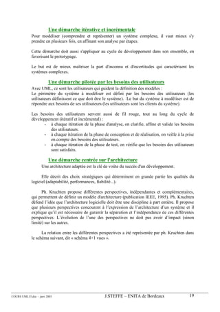 Une démarche itérative et incrémentale
             Pour modéliser (comprendre et représenter) un système complexe, il vaut mieux s'y
             prendre en plusieurs fois, en affinant son analyse par étapes.

             Cette démarche doit aussi s'appliquer au cycle de développement dans son ensemble, en
             favorisant le prototypage.

             Le but est de mieux maîtriser la part d'inconnu et d'incertitudes qui caractérisent les
             systèmes complexes.

                        Une démarche pilotée par les besoins des utilisateurs
             Avec UML, ce sont les utilisateurs qui guident la définition des modèles :
             Le périmètre du système à modéliser est défini par les besoins des utilisateurs (les
             utilisateurs définissent ce que doit être le système). Le but du système à modéliser est de
             répondre aux besoins de ses utilisateurs (les utilisateurs sont les clients du système).

             Les besoins des utilisateurs servent aussi de fil rouge, tout au long du cycle de
             développement (itératif et incrémental) :
                    - à chaque itération de la phase d'analyse, on clarifie, affine et valide les besoins
                       des utilisateurs.
                    - à chaque itération de la phase de conception et de réalisation, on veille à la prise
                       en compte des besoins des utilisateurs.
                    - à chaque itération de la phase de test, on vérifie que les besoins des utilisateurs
                       sont satisfaits.

                        Une démarche centrée sur l'architecture
                    Une architecture adaptée est la clé de voûte du succès d'un développement.

                   Elle décrit des choix stratégiques qui déterminent en grande partie les qualités du
             logiciel (adaptabilité, performances, fiabilité...).

                   Ph. Kruchten propose différentes perspectives, indépendantes et complémentaires,
             qui permettent de définir un modèle d'architecture (publication IEEE, 1995). Ph. Kruchten
             défend l’idée que l’architecture logicielle doit être une discipline à part entière. Il propose
             que plusieurs perspectives concourent à l’expression de l’architecture d’un système et il
             explique qu’il est nécessaire de garantir la séparation et l’indépendance de ces différentes
             perspectives. L’évolution de l’une des perspectives ne doit pas avoir d’impact (sinon
             limité) sur les autres.

                   La relation entre les différentes perspectives a été représentée par ph. Kruchten dans
             le schéma suivant, dit « schéma 4+1 vues ».




COURS UML13.doc – janv 2003                            J.STEFFE – ENITA de Bordeaux                      19
 
