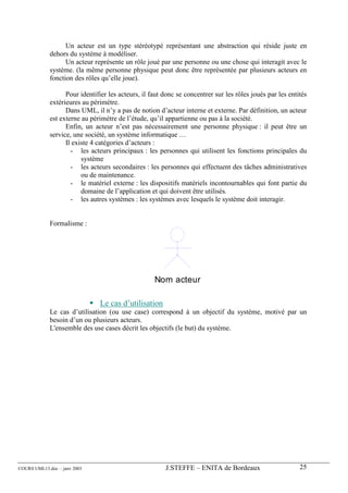 Un acteur est un type stéréotypé représentant une abstraction qui réside juste en
             dehors du système à modéliser.
                   Un acteur représente un rôle joué par une personne ou une chose qui interagit avec le
             système. (la même personne physique peut donc être représentée par plusieurs acteurs en
             fonction des rôles qu’elle joue).

                   Pour identifier les acteurs, il faut donc se concentrer sur les rôles joués par les entités
             extérieures au périmètre.
                   Dans UML, il n’y a pas de notion d’acteur interne et externe. Par définition, un acteur
             est externe au périmètre de l’étude, qu’il appartienne ou pas à la société.
                   Enfin, un acteur n’est pas nécessairement une personne physique : il peut être un
             service, une société, un système informatique …
                   Il existe 4 catégories d’acteurs :
                     - les acteurs principaux : les personnes qui utilisent les fonctions principales du
                         système
                     - les acteurs secondaires : les personnes qui effectuent des tâches administratives
                         ou de maintenance.
                     - le matériel externe : les dispositifs matériels incontournables qui font partie du
                         domaine de l’application et qui doivent être utilisés.
                     - les autres systèmes : les systèmes avec lesquels le système doit interagir.


             Formalisme :




                                                    Nom acteur

                               Le cas d’utilisation
             Le cas d’utilisation (ou use case) correspond à un objectif du système, motivé par un
             besoin d’un ou plusieurs acteurs.
             L'ensemble des use cases décrit les objectifs (le but) du système.




COURS UML13.doc – janv 2003                             J.STEFFE – ENITA de Bordeaux                       25
 