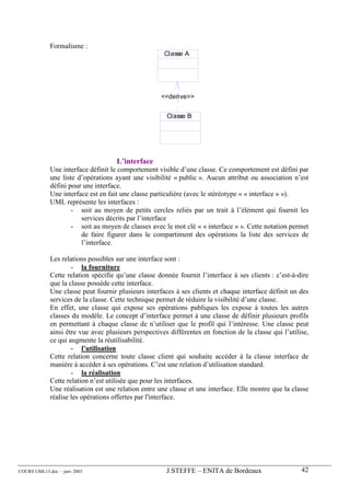 Formalisme :
                                                      Classe A




                                                     <<derive>>


                                                       Classe B




                                     L’interface
             Une interface définit le comportement visible d’une classe. Ce comportement est défini par
             une liste d’opérations ayant une visibilité « public ». Aucun attribut ou association n’est
             défini pour une interface.
             Une interface est en fait une classe particulière (avec le stéréotype « « interface » »).
             UML représente les interfaces :
                     - soit au moyen de petits cercles reliés par un trait à l’élément qui fournit les
                        services décrits par l’interface
                     - soit au moyen de classes avec le mot clé « « interface » ». Cette notation permet
                        de faire figurer dans le compartiment des opérations la liste des services de
                        l’interface.

             Les relations possibles sur une interface sont :
                     - la fourniture
             Cette relation spécifie qu’une classe donnée fournit l’interface à ses clients : c’est-à-dire
             que la classe possède cette interface.
             Une classe peut fournir plusieurs interfaces à ses clients et chaque interface définit un des
             services de la classe. Cette technique permet de réduire la visibilité d’une classe.
             En effet, une classe qui expose ses opérations publiques les expose à toutes les autres
             classes du modèle. Le concept d’interface permet à une classe de définir plusieurs profils
             en permettant à chaque classe de n’utiliser que le profil qui l’intéresse. Une classe peut
             ainsi être vue avec plusieurs perspectives différentes en fonction de la classe qui l’utilise,
             ce qui augmente la réutilisabilité.
                     - l’utilisation
             Cette relation concerne toute classe client qui souhaite accéder à la classe interface de
             manière à accéder à ses opérations. C’est une relation d’utilisation standard.
                     - la réalisation
             Cette relation n’est utilisée que pour les interfaces.
             Une réalisation est une relation entre une classe et une interface. Elle montre que la classe
             réalise les opérations offertes par l'interface.




COURS UML13.doc – janv 2003                            J.STEFFE – ENITA de Bordeaux                     42
 