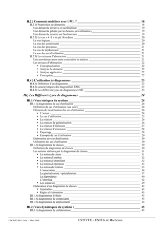 II.2 ) Comment modéliser avec UML ? _________________________________________ 18
                  II.2.1) Proposition de démarche______________________________________________________          18
                      Une démarche itérative et incrémentale _____________________________________________       19
                      Une démarche pilotée par les besoins des utilisateurs___________________________________   19
                      Une démarche centrée sur l'architecture _____________________________________________      19
                  II.2.2) La vue « 4+1 » de ph. Kruchten ________________________________________________        20
                      La vue logique_________________________________________________________________            20
                      La vue des composants __________________________________________________________           20
                      La vue des processus____________________________________________________________           21
                      La vue de déploiement __________________________________________________________           21
                      La vue des cas d’utilisation _______________________________________________________       21
                  II.2.3) Les niveaux d’abstraction _____________________________________________________        21
                      Une non-démarcation entre conception et analyse _____________________________________      21
                      Les niveaux d’abstraction ________________________________________________________         22
                            Conceptualisation _________________________________________________________          22
                            Analyse du domaine _______________________________________________________           22
                            Analyse applicative ________________________________________________________         22
                            Conception_______________________________________________________________            22
               II.4 ) L’utilisation de diagrammes _____________________________________________ 23
                  II.4.1) Définition d’un diagramme ____________________________________________________ 23
                  II.4.2) caractéristiques des diagrammes UML ___________________________________________ 23
                  II.4.3) Les différents types de diagrammes UML ________________________________________ 23
             III) Les Différents types de diagrammes _____________________________________ 24
               III.1) Vues statiques du système _______________________________________________ 24
                  III.1.1) diagrammes de cas d'utilisation ________________________________________________      24
                      Définition du cas d'utilisation (use case)_____________________________________________    24
                      Eléments de modélisation des cas d'utilisation ________________________________________    24
                            L’acteur : ________________________________________________________________          24
                            Le cas d’utilisation_________________________________________________________        25
                            La relation _______________________________________________________________          26
                            La relation de généralisation _________________________________________________      26
                            La relation d’inclusion______________________________________________________        27
                            La relation d’extension _____________________________________________________        28
                            Paquetage________________________________________________________________            28
                            Exemple de cas d’utilisation _________________________________________________       29
                      Elaboration des cas d'utilisation ___________________________________________________      30
                      Utilisation des cas d'utilisation ____________________________________________________     30
                  III.1.2) diagrammes de classes_______________________________________________________          30
                      Définition du diagramme de classes ________________________________________________        30
                      Les notions utilisées par le diagramme de classes______________________________________    31
                            La notion de classe ________________________________________________________         31
                            La notion d’attribut ________________________________________________________        32
                            La notion d’identifiant ______________________________________________________       32
                            La notion d’opération ______________________________________________________         33
                            La notion de relation _______________________________________________________        33
                            L’association _____________________________________________________________          34
                            La généralisation / spécialisation______________________________________________     37
                            La dépendance ____________________________________________________________           40
                            L’interface _______________________________________________________________          42
                            Les scénarios _____________________________________________________________          29
                      Elaboration d’un diagramme de classes _____________________________________________        43
                            Généralités _______________________________________________________________          43
                            Règles d’élaboration _______________________________________________________         43
                  III.1.3) diagrammes d'objets ________________________________________________________          43
                  III.1.4) diagrammes de composants ___________________________________________________          44
                  III.1.5) diagrammes de déploiement __________________________________________________          44
               III.2) Vues dynamiques du système : ___________________________________________ 45
                  III.2.1) diagrammes de collaboration __________________________________________________ 45


COURS UML13.doc – Mars 2005                               J.STEFFE – ENITA de Bordeaux
 