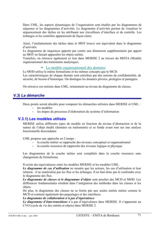 Dans UML, les aspects dynamiques de l’organisation sont étudiés par les diagrammes de
             séquence et les diagrammes d’activités. Le diagramme d’activités permet de visualiser le
             séquencement des tâches en les attribuant aux travailleurs d’interface et de contrôle. Les
             échanges et les contrôles apparaissent de façon claire.

             Ainsi, l’enchaînement des tâches dans le MOT trouve son équivalent dans le diagramme
             d’activités.
             Le diagramme de séquences apporte par contre une dimension supplémentaire par apport
             au MOT en faisant apparaître les objets entités.
             Toutefois, on retrouve également ce lien dans MERISE 2 au travers du MOTA (Modèle
             organisationnel des traitements analytique).
                               Le modèle organisationnel des données
             Le MOD utilise le même formalisme et les mêmes concepts que le MCD.
             Les caractéristiques de chaque donnée sont enrichies par des notions de confidentialité, de
             sécurité, de besoin d’historique. On distingue les données privées, protégées et partagées.

             On retrouve ces notions dans UML, notamment au niveau du diagramme de classes.

    V.3) La démarche

             Deux points seront abordés pour comparer les démarches utilisées dans MERISE et UML :
                   - les modèles
                   - les étapes du processus d’élaboration du système d’information

        V.3.1) Les modèles utilisés
             MERISE utilise différents types de modèle en fonction du niveau d’abstraction et de la
             nature de l’objet étudié (données ou traitements) et se fonde avant tout sur une analyse
             fonctionnelle descendante

             UML propose une approche en 2 temps :
                  - la couche métier se rapproche des niveaux conceptuel et organisationnel
                  - la couche ressource de rapproche des niveaux logique et physique

             Les diagrammes de la couche métier sont complétés dans la couche ressource sans
             changement de formalisme.

             Il existe des équivalences entre les modèles MERISE et les modèles UML.
             Le diagramme de cas d’utilisation ne montre que les acteurs, les cas d’utilisation et leur
             relation : il ne matérialise pas les flux et les échanges. Il ne faut donc pas le confondre avec
             le diagramme des flux.
             Le diagramme de classes et le diagramme d’objets sont proches des MCD et MOD. Les
             différences fondamentales résident dans l’intégration des méthodes dans les classes et les
             objets.
             De plus, le diagramme des classes ne se limite pas aux seules entités métier comme le
             MCD et contient également des paquetages et des interfaces.
             Le diagramme de collaboration n’a pas d’équivalence
             Le diagramme d’états-transitions n’a pas d’équivalence dans MERISE. Il s’apparente au
             CVO (cycle de vie des entités et objets) dans MERISE 2


COURS UML13.doc – janv 2003                             J.STEFFE – ENITA de Bordeaux                      71
 