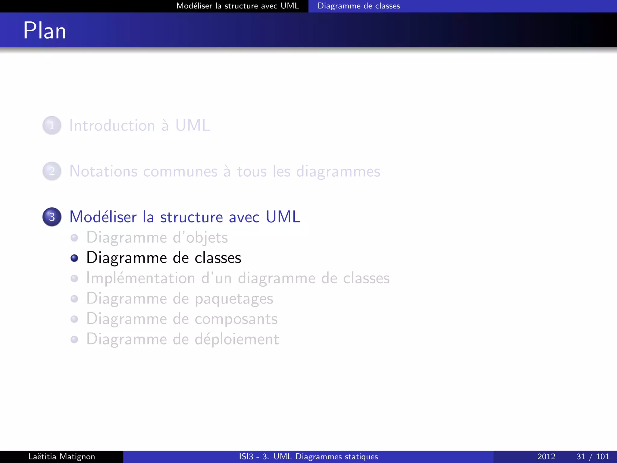 Modéliser la structure avec UML Diagramme de classes
Plan
1 Introduction à UML
2 Notations communes à tous les diagrammes
3 Modéliser la structure avec UML
Diagramme d’objets
Diagramme de classes
Implémentation d’un diagramme de classes
Diagramme de paquetages
Diagramme de composants
Diagramme de déploiement
Laëtitia Matignon ISI3 - 3. UML Diagrammes statiques 2012 31 / 101
 