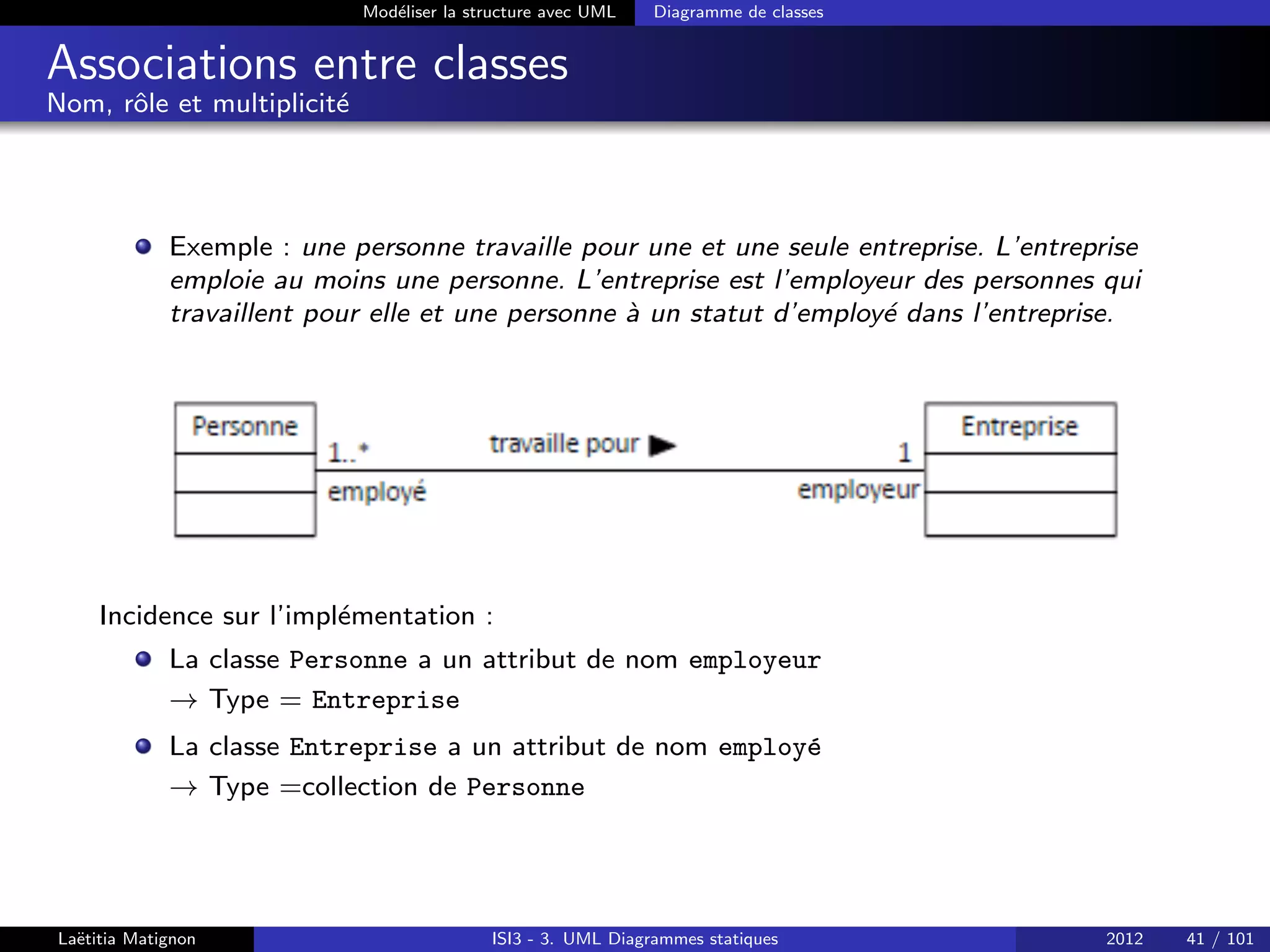 Modéliser la structure avec UML Diagramme de classes
Associations entre classes
Nom, rôle et multiplicité
Exemple : une personne travaille pour une et une seule entreprise. L’entreprise
emploie au moins une personne. L’entreprise est l’employeur des personnes qui
travaillent pour elle et une personne à un statut d’employé dans l’entreprise.
Incidence sur l’implémentation :
La classe Personne a un attribut de nom employeur
→ Type = Entreprise
La classe Entreprise a un attribut de nom employé
→ Type =collection de Personne
Laëtitia Matignon ISI3 - 3. UML Diagrammes statiques 2012 41 / 101
 