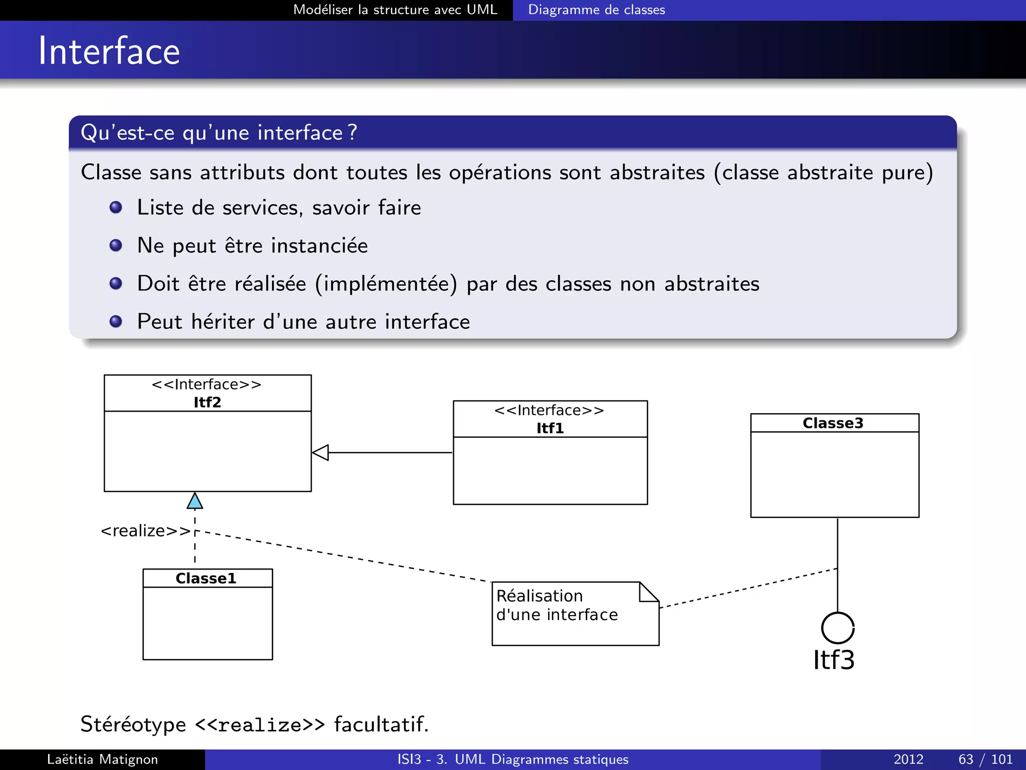 Modéliser la structure avec UML Diagramme de classes
Interface
Qu’est-ce qu’une interface ?
Classe sans attributs dont toutes les opérations sont abstraites (classe abstraite pure)
Liste de services, savoir faire
Ne peut être instanciée
Doit être réalisée (implémentée) par des classes non abstraites
Peut hériter d’une autre interface
Interface
Itf1
Interface
Itf2
Classe1
Classe3
Réalisation
Itf3
realize
Stéréotype realize facultatif.
Laëtitia Matignon ISI3 - 3. UML Diagrammes statiques 2012 63 / 101
 