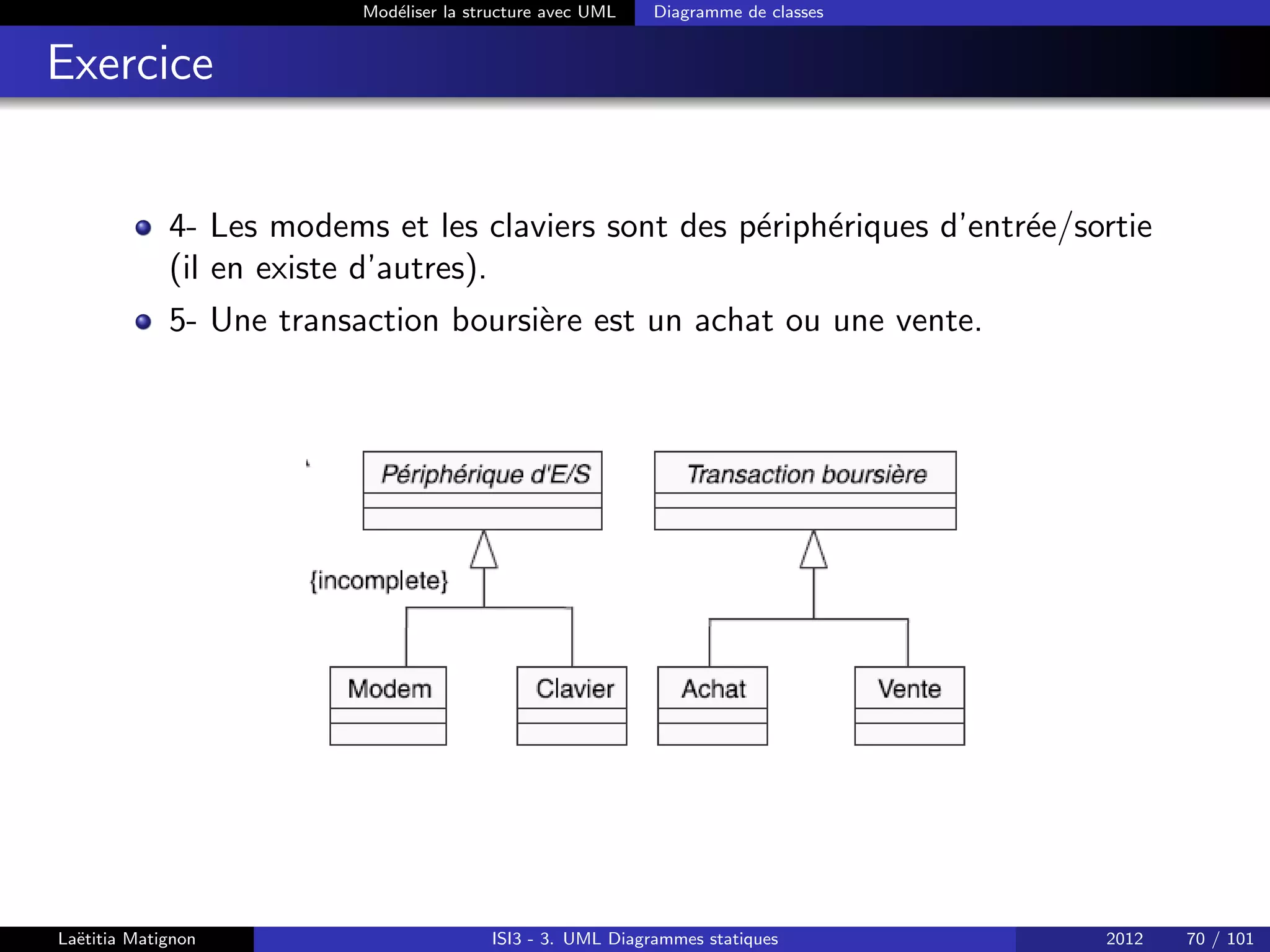 Modéliser la structure avec UML Diagramme de classes
Exercice
4- Les modems et les claviers sont des périphériques d’entrée/sortie
(il en existe d’autres).
5- Une transaction boursière est un achat ou une vente.
Laëtitia Matignon ISI3 - 3. UML Diagrammes statiques 2012 70 / 101
 