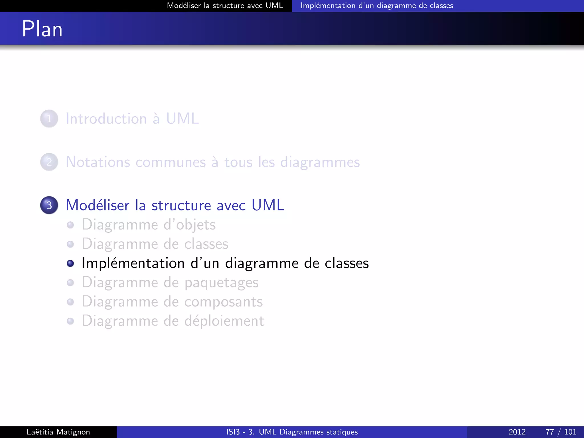 Modéliser la structure avec UML Implémentation d’un diagramme de classes
Plan
1 Introduction à UML
2 Notations communes à tous les diagrammes
3 Modéliser la structure avec UML
Diagramme d’objets
Diagramme de classes
Implémentation d’un diagramme de classes
Diagramme de paquetages
Diagramme de composants
Diagramme de déploiement
Laëtitia Matignon ISI3 - 3. UML Diagrammes statiques 2012 77 / 101
 