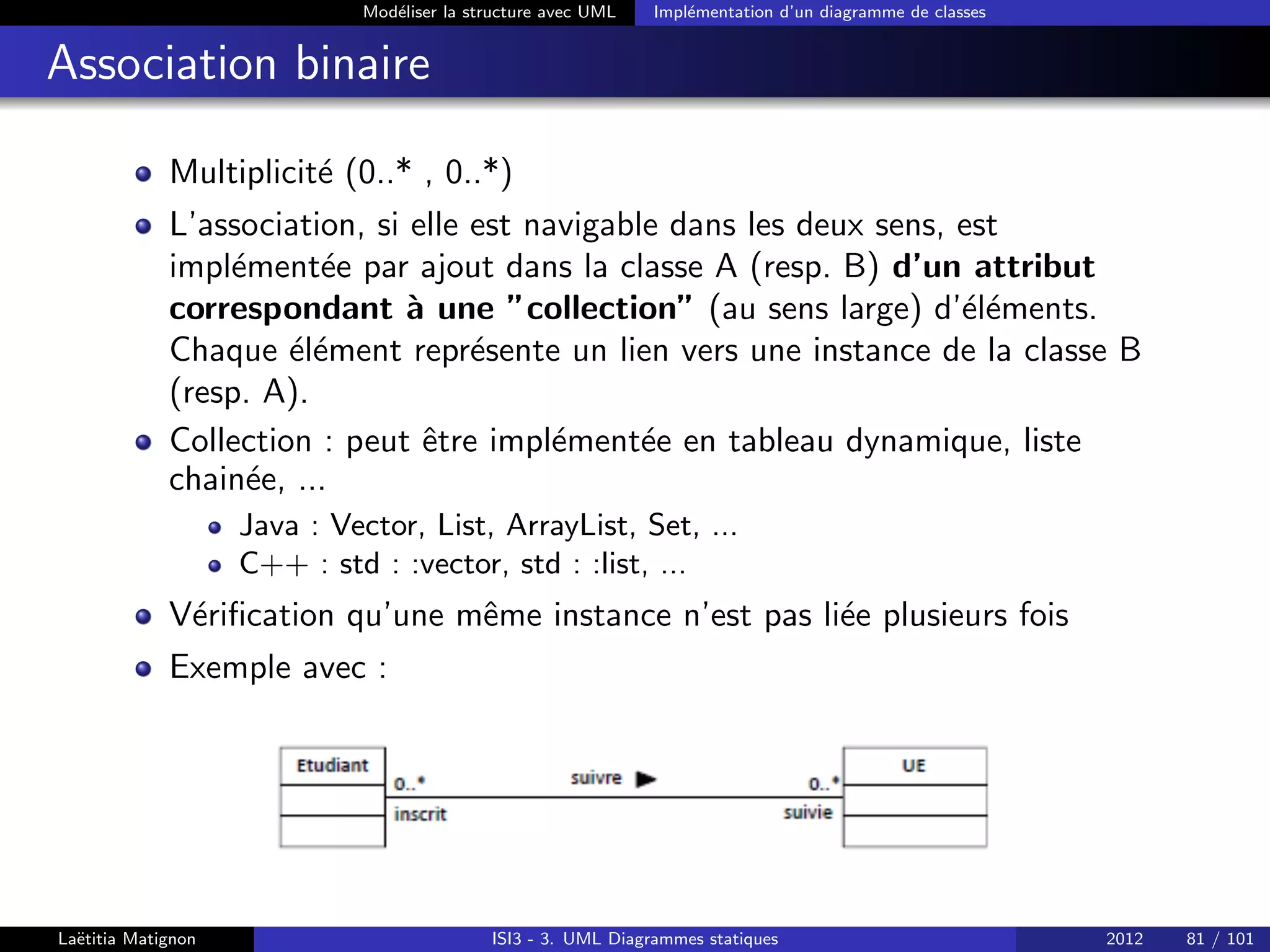 Modéliser la structure avec UML Implémentation d’un diagramme de classes
Association binaire
Multiplicité (0..* , 0..*)
L’association, si elle est navigable dans les deux sens, est
implémentée par ajout dans la classe A (resp. B) d’un attribut
correspondant à une ”collection” (au sens large) d’éléments.
Chaque élément représente un lien vers une instance de la classe B
(resp. A).
Collection : peut être implémentée en tableau dynamique, liste
chainée, ...
Java : Vector, List, ArrayList, Set, ...
C++ : std : :vector, std : :list, ...
Vérification qu’une même instance n’est pas liée plusieurs fois
Exemple avec :
Laëtitia Matignon ISI3 - 3. UML Diagrammes statiques 2012 81 / 101
 