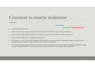 Comment ca marche réellement
Exemple :
1. Angular lance l’application
2. Ils crée les classes pour chaque composant, il lance donc le Constructeur de mon-app component.
3. Il gère toutes les dépendances injectées au niveau du constructeur et les définit comme des paramètres
4. Il crée le nœud du Dom qui va héberger le composant
5. Il commence ensuite la création du composant fils et appelle son constructeur. Ici la propriété binded n’est pas prise en
considération par Angular. Le Life Hook cycle n’est pas encore déclenché.
6. A ce moment Angular lance le processus de détection des changements. C’est ici qu’il mettra à jour le binding de mon-App
et lancera l’appel à ngOnInit, suivi de la gestion du binding de compo-fils puis l’appel de son ngOnInit.
27
<mon-app>
<compo-fils [binded]='prop'>
 