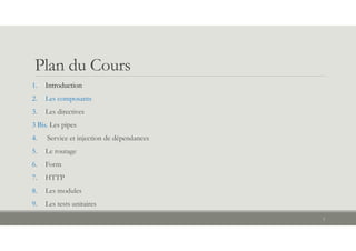 Plan du Cours
1. Introduction
2. Les composants
3. Les directives
3 Bis. Les pipes
4. Service et injection de dépendances
5. Le routage
6. Form
7. HTTP
8. Les modules
9. Les tests unitaires
3
 