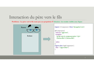 Interaction du père vers le fils
31
Parent
Enfant
import { Component } from '@angular/core';
@Component({
selector: 'app-root',
template: `
<p>Je suis le composant père </p>
<forma-fils></forma-fils>
`,
styles:
})
export class AppComponent {
title = 'app works !';
}
Problème : Le père voit le fils mais pas ces propriétés !!! Solution : les rendre visible avec Input
 