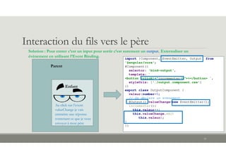 Interaction du fils vers le père
35
Parent
Enfant
Solution : Pour entrer c’est un input pour sortir c’est surement un output. Externaliser un
évènement en utilisant l’Event Binding. import {Component, EventEmitter, Output} from
'@angular/core';
@Component({
selector: 'bind-output',
template: `
<button (click)="incrementer()">+</button> `,
styleUrls: ['./output.component.css']
})
export class OutputComponent {
valeur:number=0;
// On déclare un evenement
@Output() valueChange=new EventEmitter();
incrementer(){
this.valeur++;
this.valueChange.emit
this.valeur);
}
}}
Au click sur l’event
valueChange je vais
emmètre une réponse
contenant ce que je veux
envoyer à mon père
 
