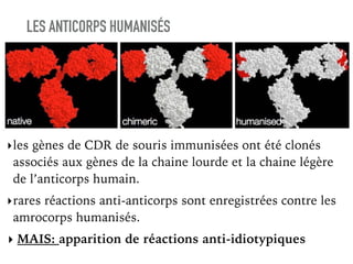 ‣les gènes de CDR de souris immunisées ont été clonés
associés aux gènes de la chaine lourde et la chaine légère
de l’anticorps humain.
‣rares réactions anti-anticorps sont enregistrées contre les
amrocorps humanisés.
‣ MAIS: apparition de réactions anti-idiotypiques
LES ANTICORPS HUMANISÉS
 