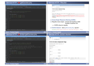 Service HTTP : 3 getCourses.php
Cours 2 : Frontend Angular 45/57
Service HTTP : Résultat
I Cross-Origin Resource Sharing (CORS) :
I Requête cross-origine : provient de localhost :4200
accède à localhost :80
=⇒ CORS refuse la requête
I Contre-mesure : dans getCourses.php, rajouter :
header(Access-Control-Allow-Origin: *);
Cours 2 : Frontend Angular 46/57
Service HTTP : 3 le bon getCourses.php
Cours 2 : Frontend Angular 47/57
Service HTTP : le bon résultat
Cours 2 : Frontend Angular 48/57
 