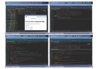 Passer des paramètres au constructeur de l’enfant (2/2)
Cours 2 : Frontend Angular 25/57
Interactions enfant → parent : préparation de l’enfant
Cours 2 : Frontend Angular 26/57
Interactions enfant → parent : l’émetteur de l’enfant
Cours 2 : Frontend Angular 27/57
Interactions enfant → parent : la réception du parent
Cours 2 : Frontend Angular 28/57
 
