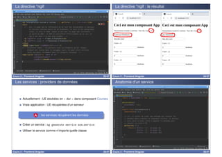 La directive *ngIf
Cours 2 : Frontend Angular 33/57
La directive *ngIf : le résultat
Cours 2 : Frontend Angular 34/57
Les services : providers de données
I Actuellement : UE stockées en  dur  dans composant Courses
I Vraie application : UE récupérées d’un serveur
: les services récupèrent les données
I Créer un service : ng generate service nom service
I Utiliser le service comme n’importe quelle classe
Cours 2 : Frontend Angular 35/57
Anatomie d’un service
Cours 2 : Frontend Angular 36/57
 