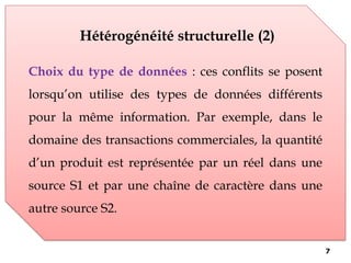 Hétérogénéité structurelle (2)
Choix du type de données : ces conflits se posent
lorsqu’on utilise des types de données différents
pour la même information. Par exemple, dans le
domaine des transactions commerciales, la quantité
d’un produit est représentée par un réel dans une
source S1 et par une chaîne de caractère dans une
autre source S2.
7
 