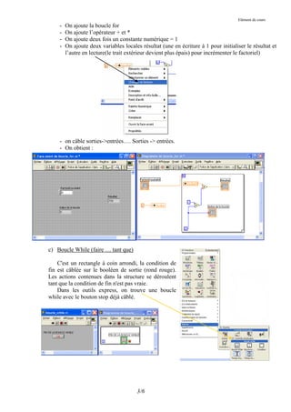 Elément de cours
    -   On ajoute la boucle for
    -   On ajoute l’opérateur + et *
    -   On ajoute deux fois un constante numérique = 1
    -   On ajoute deux variables locales résultat (une en écriture à 1 pour initialiser le résultat et
        l’autre en lecture(le trait extérieur devient plus épais) pour incrémenter le factoriel)




    - on câble sorties->entrées…. Sorties -> entrées.
    - On obtient :




c) Boucle While (faire … tant que)

    C'est un rectangle à coin arrondi, la condition de
fin est câblée sur le booléen de sortie (rond rouge).
Les actions contenues dans la structure se déroulent
tant que la condition de fin n'est pas vraie.
    Dans les outils express, on trouve une boucle
while avec le bouton stop déjà câblé.




                                       3/6
 