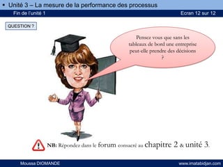 Pensez vous que sans les
tableaux de bord une entreprise
peut-elle prendre des décisions
?
NB: Répondez dans le forum consacré au chapitre 2 & unité 3.
QUESTION ?
Fin de l’unité 1 Ecran 12 sur 12
Moussa DIOMANDE www.imatabidjan.com
 Unité 3 – La mesure de la performance des processus
 