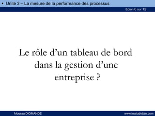 Ecran 6 sur 12
Moussa DIOMANDE www.imatabidjan.com
Le rôle d’un tableau de bord
dans la gestion d’une
entreprise ?
 Unité 3 – La mesure de la performance des processus
 