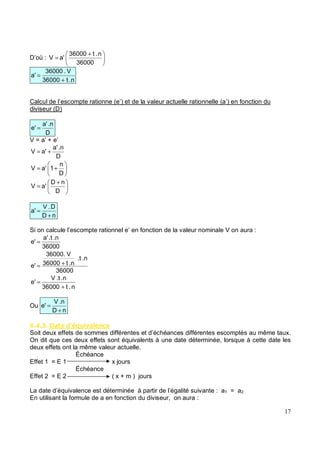 D’où :
+
=
36000
n
.
t
36000
a'
V
.n
t
36000
V
.
36000
a'
+
=
Calcul de l’escompte rationne (e’) et de la valeur actuelle rationnelle (a’) en fonction du
diviseur (D)
D
.n
a'
e' =
V = a’ + e’
D
.n
a'
a'
V +
=
+
=
D
n
1
a'
V
+
=
D
n
D
a'
V
n
D
D
.
V
a'
+
=
Si on calcule l’escompte rationnel e’ en fonction de la valeur nominale V on aura :
36000
.n
.t
a'
e' =
36000
.n
.t
.n
t
36000
V
36000.
e' +
=
n
.
t
36000
.n
.t
V
e'
+
=
Ou
n
D
.n
V
e'
+
=
5 . ( & +# 4& %
Soit deux effets de sommes différentes et d’échéances différentes escomptés au même taux.
On dit que ces deux effets sont équivalents à une date déterminée, lorsque à cette date les
deux effets ont la même valeur actuelle.
Échéance
Effet 1 = E 1 x jours
Échéance
Effet 2 = E 2 ( x + m ) jours
La date d’équivalence est déterminée à partir de l’égalité suivante : a1 = a2
En utilisant la formule de a en fonction du diviseur, on aura :
 