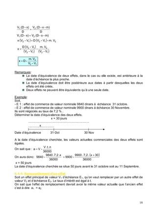 Remarques:
La date d’équivalence de deux effets, dans le cas ou elle existe, est antérieure à la
date d’échéance la plus proche.
La date d’équivalence doit être postérieure aux dates à partir desquelles les deux
effets ont été créés.
Deux effets ne peuvent être équivalents qu’à une seule date.
Exemple:
Soit,
- E 1 : effet de commerce de valeur nominale 9840 dinars à échéance 31 octobre.
- E 2 : effet de commerce de valeur nominale 9900 dinars à échéance 30 Novembre.
Ils sont négociés au taux de 7,2 % .
Déterminer la date d’équivalence des deux effets.
x + 30 jours
x
Date d’équivalence 31 Oct 30 Nov
A la date d’équivalence cherchée, les valeurs actuelles commerciales des deux effets sont
égales.
On sait que :
36000
.n
.t
V
-
V
a =
On aura donc:
( )
36000
30
x
.
7,2
.
9900
-
9900
36000
.x
.7,2
9840
-
9840
+
=
x = 50 jours
La date d’équivalence cherchée se situe 50 jours avant le 31 octobre soit au 11 Septembre.
5 . . #4 * #
Soit un effet principal de valeur V1 d’échéance E1, qu’on veut remplacer par un autre effet de
valeur V2 et d’échéance E2. Le taux d’intérêt est égal à t.
On sait que l’effet de remplacement devrait avoir la même valeur actuelle que l’ancien effet
c’est à dire a1 = a2
D
m)
-
x
-
(D
V
D
x)
-
(D
V 2
1
=
m)
-
x
-
(D
V
x)
-
(D
V 2
1 =
( ) ( ) 2
1
2
1
2 V
m.
-
V
-
V
D
V
-
V
x =
( )
( ) ( )
1
2
2
1
2
1
2
V
-
V
V
m.
-
V
-
V
V
-
V
D
x =
1
2
2
V
-
V
V
m.
-
D
x =
 