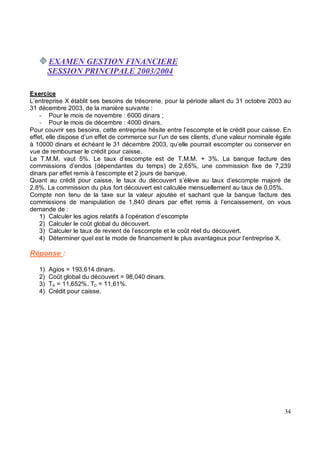 Exercice
L’entreprise X établit ses besoins de trésorerie, pour la période allant du 31 octobre 2003 au
31 décembre 2003, de la manière suivante :
Pour le mois de novembre : 6000 dinars ;
Pour le mois de décembre : 4000 dinars.
Pour couvrir ses besoins, cette entreprise hésite entre l’escompte et le crédit pour caisse. En
effet, elle dispose d’un effet de commerce sur l’un de ses clients, d’une valeur nominale égale
à 10000 dinars et échéant le 31 décembre 2003, qu’elle pourrait escompter ou conserver en
vue de rembourser le crédit pour caisse.
Le T.M.M. vaut 5%. Le taux d’escompte est de T.M.M. + 3%. La banque facture des
commissions d’endos (dépendantes du temps) de 2,65%, une commission fixe de 7,239
dinars par effet remis à l’escompte et 2 jours de banque.
Quant au crédit pour caisse, le taux du découvert s’élève au taux d’escompte majoré de
2,8%. La commission du plus fort découvert est calculée mensuellement au taux de 0,05%.
Compte non tenu de la taxe sur la valeur ajoutée et sachant que la banque facture des
commissions de manipulation de 1,840 dinars par effet remis à l’encaissement, on vous
demande de :
1) Calculer les agios relatifs à l’opération d’escompte
2) Calculer le coût global du découvert.
3) Calculer le taux de revient de l’escompte et le coût réel du découvert.
4) Déterminer quel est le mode de financement le plus avantageux pour l’entreprise X.
Réponse :
1) Agios = 193,614 dinars.
2) Coût global du découvert = 98,040 dinars.
3) TR = 11,652%. TD = 11,61%.
4) Crédit pour caisse.
 