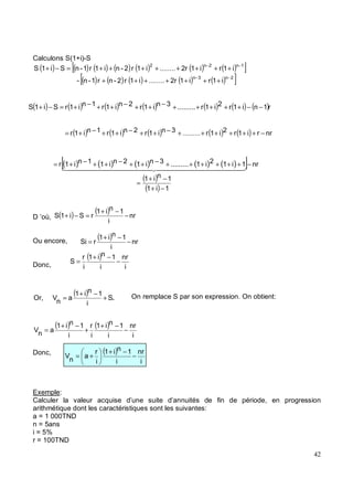 Calculons S(1+i)-S
( ) ( ) ( ) ( ) ( ) ( ) ( )
[ ]
( ) ( ) ( ) ( ) ( )
[ ]
2
n
3
n
1
n
2
n
2
i
1
r
i
1
2r
........
i
1
r
2
-
n
r
1
-
n
-
i
1
r
i
1
2r
........
i
1
r
2
-
n
i
1
r
1
-
n
S
i
1
S
−
−
−
−
+
+
+
+
+
+
+
+
+
+
+
+
+
+
+
=
−
+
D ’où,
Ou encore,
Donc,
On remplace S par son expression. On obtient:
Donc,
Exemple:
Calculer la valeur acquise d’une suite d’annuités de fin de période, en progression
arithmétique dont les caractéristiques sont les suivantes:
a = 1 000TND
n = 5ans
i = 5%
r = 100TND
( ) ( ) ( ) ( ) ( ) ( ) ( )r
1
n
i
1
r
2
i
1
r
.........
3
n
i
1
r
2
n
i
1
r
1
n
i
1
r
S
i
1
S −
−
+
+
+
+
+
−
+
+
−
+
+
−
+
=
−
+
( ) ( ) ( ) ( ) ( ) nr
r
i
1
r
2
i
1
r
.........
3
n
i
1
r
2
n
i
1
r
1
n
i
1
r −
+
+
+
+
+
+
−
+
+
−
+
+
−
+
=
( ) ( ) ( ) ( ) ( )
[ ]
( )
( )
nr
1
i
1
1
n
i
1
1
i
1
2
i
1
.........
3
n
i
1
2
n
i
1
1
n
i
1
r −
−
+
−
+
=
+
+
+
+
+
+
−
+
+
−
+
+
−
+
=
( ) ( ) r
n
i
1
n
i
1
r
S
i
1
S −
−
+
=
−
+
( ) nr
i
1
n
i
1
r
Si −
−
+
=
( )
i
nr
i
1
n
i
1
i
r
S −
−
+
=
( ) .
S
i
1
n
i
1
a
n
V
,
Or +
−
+
=
( ) ( )
i
nr
i
1
n
i
1
i
r
i
1
n
i
1
a
n
V −
−
+
+
−
+
=
( )
i
nr
i
1
n
i
1
i
r
a
n
V −
−
+
+
=
 