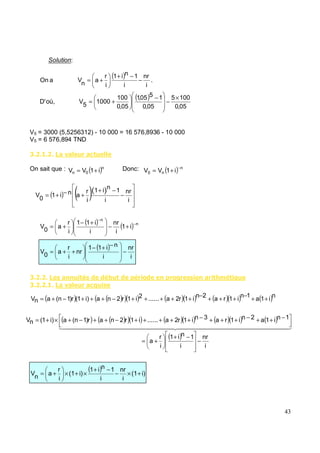 Solution:
V5 = 3000 (5,5256312) - 10 000 = 16 576,8936 - 10 000
V5 = 6 576,894 TND
( " " & 4& # &% #
On sait que : Donc:
( " " $ & # $ 7# ' ' 6 $$ & )* +#
( " " & 4& # &%+# $
( )
( )
05
,
0
100
5
05
,
0
1
5
05
,
1
05
,
0
100
1000
5
V
où,
D'
.
i
nr
i
1
n
i
1
i
r
a
n
V
a
On
×
−
−
+
=
−
−
+
+
=
( )n
0
n i
1
V
V +
= ( ) n
n
0 i
1
V
V
−
+
=
( ) ( )( )
−
−
+
+
−
+
=
i
nr
i
1
n
i
1
i
r
a
n
i
1
0
V
( ) ( ) n
n
i
1
i
nr
i
i
1
1
i
r
a
0
V
−
−
+
−
+
−
+
=
( )
i
nr
i
n
i
1
1
nr
i
r
a
0
V −
−
+
−
+
+
=
( ) ( )
( )( ) ( )( ) ( )( ) ( )n
i
1
a
1
n
i
1
r
a
2
n
i
1
r
2
a
......
2
i
1
r
2
n
a
)
i
1
(
r
)
1
n
(
a
n
V +
+
−
+
+
+
−
+
+
+
+
+
−
+
+
+
−
+
=
( ) ( )
( )( ) ( )( ) ( )( ) ( )
( )
i
nr
i
1
n
i
1
i
r
a
1
n
i
1
a
2
n
i
1
r
a
3
n
i
1
r
2
a
......
i
1
r
2
n
a
r
)
1
n
(
a
)
i
1
(
n
V
−
−
+
+
=
−
+
+
−
+
+
+
−
+
+
+
+
+
−
+
+
−
+
×
+
=
( ) i)
(1
i
nr
i
1
n
i
1
i)
(1
i
r
a
n
V +
×
−
−
+
×
+
×
+
=
 