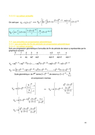 ( " " " & 4& # &% #
On sait que: <=>
( ( $ & # $ ' 6 $$ 6 * +#
( ( $ & # $ ' ' 6 $$ 6 * +#
( ( & 4& # &%+# $
Soit une progression géométrique d’annuités de fin de période de raison q représentée par le
graphique suivant:
0 1 2 3 4 n-2 n-1 n
a aq aq² aq3 aqn-3 aqn-2 aqn-1
( ) n
n
0 i
1
V
V
−
+
= ( ) ( )
( ) n
i
1
i
)
i
1
(
nr
i
1
n
i
1
)
i
1
(
i
r
a
0
V −
+
×
+
−
−
+
×
+
×
+
=
( )
( ) 1
n
i
1
i
nr
i
n
i
1
1
i)
(1
i
r
a
0
V +
−
+
×
−
−
+
−
×
+
×
+
=
( ) ( ) ( ) ( ) 1
n
i
1
a
2
n
i
1
aq
3
n
i
1
2
aq
.....
i
1
2
n
aq
1
n
aq
n
V −
+
+
−
+
+
−
+
+
+
+
−
+
−
=
( ) ( ) ( ) ( )
[ ]
( ) ( )
termes
n
comprenant
et
i
1
q
1
i
1
q
raison
de
,
1
n
i
1
terme
er
1
de
e
géométriqu
Suite
1
n
q
i
1
2
n
q
.........
3
n
i
1
2
q
2
n
i
1
q
1
n
i
1
a
n
V
+
=
−
+
×
−
+
−
+
+
−
+
+
−
+
+
−
+
+
−
+
=
( )
−
+
−
+
−
+
=
1
i
1
q
1
n
i
1
q
1
n
i
1
a
n
V ( )
( )
( )
( )
+
+
−
+
+
−
−
+
=
⇔
i
1
i
1
q
n
i
1
n
i
1
n
q
1
n
i
1
a
n
V
( ) ( )
( ) ( )
+
+
×
+
−
+
−
−
+
=
n
i
1
i
1
i
1
q
n
i
1
n
q
1
n
i
1
a
n
V
( )
( )
( )
( )
+
+
×
+
−
+
−
=
n
i
1
n
i
1
i
1
q
n
i
1
n
q
a
n
V
 