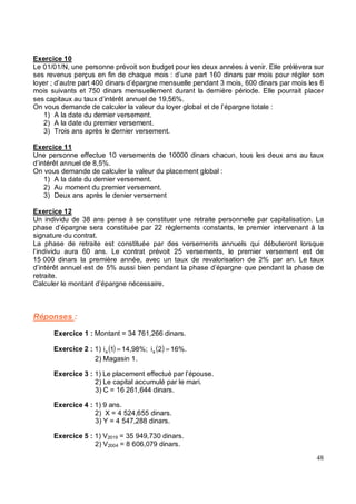 Exercice 10
Le 01/01/N, une personne prévoit son budget pour les deux années à venir. Elle prélèvera sur
ses revenus perçus en fin de chaque mois : d’une part 160 dinars par mois pour régler son
loyer ; d’autre part 400 dinars d’épargne mensuelle pendant 3 mois, 600 dinars par mois les 6
mois suivants et 750 dinars mensuellement durant la dernière période. Elle pourrait placer
ses capitaux au taux d’intérêt annuel de 19,56%.
On vous demande de calculer la valeur du loyer global et de l’épargne totale :
1) A la date du dernier versement.
2) A la date du premier versement.
3) Trois ans après le dernier versement.
Exercice 11
Une personne effectue 10 versements de 10000 dinars chacun, tous les deux ans au taux
d’intérêt annuel de 8,5%.
On vous demande de calculer la valeur du placement global :
1) A la date du dernier versement.
2) Au moment du premier versement.
3) Deux ans après le denier versement
Exercice 12
Un individu de 38 ans pense à se constituer une retraite personnelle par capitalisation. La
phase d’épargne sera constituée par 22 règlements constants, le premier intervenant à la
signature du contrat.
La phase de retraite est constituée par des versements annuels qui débuteront lorsque
l’individu aura 60 ans. Le contrat prévoit 25 versements, le premier versement est de
15 000 dinars la première année, avec un taux de revalorisation de 2% par an. Le taux
d’intérêt annuel est de 5% aussi bien pendant la phase d’épargne que pendant la phase de
retraite.
Calculer le montant d’épargne nécessaire.
Réponses :
Exercice 1 : Montant = 34 761,266 dinars.
Exercice 2 : 1) ( ) ( ) 16%.
2
i
14,98%;
1
i a
a =
=
2) Magasin 1.
Exercice 3 : 1) Le placement effectué par l’épouse.
2) Le capital accumulé par le mari.
3) C = 16 261,644 dinars.
Exercice 4 : 1) 9 ans.
2) X = 4 524,655 dinars.
3) Y = 4 547,288 dinars.
Exercice 5 : 1) V2019 = 35 949,730 dinars.
2) V2004 = 8 606,079 dinars.
 