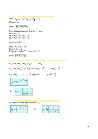 " $#%% $$ $ &* $$ * $
On a : ( )
i
1
p
m
-
1
p
m
p
a
-
1
p
a +
+
=
+
Et ap+1 = ap
Alors mp+1=mp(1+i)
D’après la relation précédente, on aura:
m2 = m1(1+i)
m3 = m2(1+i) = m1(1+i)²
m4 = m3(1+i) = m1(1+i)3
mp = m1 (1+i)p-1
On a : mn = m1(1+i)n-1
Or, a = mn(1+i)
D ’où, a = m1(1+i)n-1
(1+i) = m1(1+i)n
Donc: a = m1(1+i)n
" " & ; ' * &* $$ * <* =
Et
" ( & ; & # % $ & <&=
La valeur actuelle des annuités = C0
Et,
n
m
.........
4
m
3
m
2
m
1
m
0
C +
+
+
+
+
=
( ) ( ) ( ) ( ) 1
n
i
1
1
m
.........
3
i
1
1
m
2
i
1
1
m
i
1
1
m
1
m
0
C −
+
+
+
+
+
+
+
+
+
=
( ) ( ) ( ) ( ) −
+
+
+
+
+
+
+
+
+
= 1
n
i
1
.........
3
i
1
2
i
1
i
1
1
1
m
0
C
( ) −
+
=
i
1
n
i
1
1
m
0
C
( ) −
+
=
1
n
i
1
i
0
C
1
m
( )
+
−
=
i
n
-
i
1
1
a
0
C
( )
+
−
=
n
-
i
1
1
i
0
C
a
 