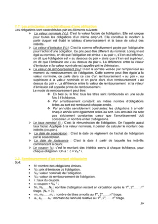 " " $ ' % '& $ %& &% $ +# $ # 7 6&
Les obligations sont caractérisées par les éléments suivants:
La valeur nominale (VN): C’est la valeur faciale de l’obligation. Elle est unique
pour toutes les obligations d’un même emprunt. Elle constitue le montant à
partir duquel est établi le tableau d’amortissement et la base de calcul des
intérêts.
La valeur d’émission (VE): C’est la somme effectivement payée par l’obligataire
pour l’achat d’une obligation. Ce prix peut être différent du nominal. Lorsqu’il est
égal au nominal, on dit que l’obligation est émise « au pair », s’il en est inférieur,
on dit que l’obligation est « au dessous du pair » alors que s’il en est supérieur,
on dit que l’émission est « au dessus du pair ». La différence entre la valeur
d’émission et la valeur nominale est appelée prime d’émission.
La valeur de remboursement (VR): C’est la somme versée par l’emprunteur au
moment du remboursement de l’obligation. Cette somme peut être égale à la
valeur nominale, on parle dans ce cas d’un remboursement « au pair », ou
supérieure à la valeur nominale et on parle alors d’un remboursement « au
dessus du pair ». La différence entre la valeur de remboursement et la valeur
d’émission est appelée prime de remboursement.
Le mode de remboursement peut être:
En bloc ou in fine: tous les titres sont remboursés en une seule
fois à l’échéance.
Par amortissement constant: un même nombre d’obligations
tirées au sort est remboursé chaque année.
Par annuités sensiblement constantes: les obligations à amortir
chaque année sont également tirées au sort. Les annuités ne sont
pas strictement constantes parce que l’amortissement doit
concerner un nombre entier d’obligations.
Le taux nominal (i) : C’est la rémunération de l’obligation. On l’appelle aussi
taux facial. Appliqué à la valeur nominale, il permet de calculer le montant des
intérêts (coupon).
La date de souscription : C’est la date de règlement de l’achat de l’obligation
par le souscripteur.
La date de jouissance : C’est la date à partir de laquelle les intérêts
commencent à courir.
Le coupon (c): c’est le montant des intérêts servis à chaque échéance, pour
chaque obligation. On a : c = VN * i.
" ( *7 # $ * # *' # 7 6& &
Soit:
N: nombre des obligations émises.
VE: prix d’émission de l’obligation.
VN: valeur nominale de l’obligation.
VR: valeur de remboursement de l’obligation.
i : taux du coupon.
c: coupon = VN * i.
N1, N2……Nn : nombre d’obligation restant en circulation après le 1er
, 2e
,……ne
tirage. (Nn = 0).
m1, m2……mn : nombre de titres amortis au 1er
, 2e
,……ne
tirage.
a1, a2……an : montant de l’annuité relative au 1er
, 2e
,……ne
tirage.
 
