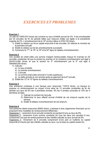 Exercice 1
Un prêt de 70442,910 dinars est consenti au taux d’intérêt annuel de 3%. Il est amortissable
par 24 annuités de fin de période telles que chacune d’elles est égale à la précédente
majorée de 5%. L’amortissement de la 19e
année s’élève à 4720,152 dinars.
1) Etablir la relation qui lie le capital emprunté et les annuités. En déduire le montant de
la première annuité.
2) Etablir la relation qui lie les amortissements successifs.
3) Construire la 1ère
, la 18e
, la 19e
et la 24e
ligne du tableau d’amortissement.
Exercice 2
Une société de crédit prête une somme d’argent remboursable chaque fin d’année en 20
annuités constantes tel que le produit du premier et du troisième amortissement soit égal à
2241613,400 dinars et que le produit du 5e
amortissement par le 6e
soit égal à
5064949,200 dinars.
1) Calculer :
a) Le taux d’intérêt.
b) Le premier amortissement.
c) L’annuité.
d) La somme empruntée (arrondir à l’unité supérieure).
e) La dette amortie et non amortie après le paiement de la 8e
annuité.
2) Etablir les 12e
et 13e
lignes du tableau d’amortissement.
Exercice 3
Une entreprise s’adresse à une banque pour emprunter 110410 dinars. La banque lui
propose un remboursement au moyen d’une série de 12 annuités constantes de fin de
période aux taux de 8% les 4 premières années, 9% les 4 années suivantes et 10% les 4
dernières années.
1) Calculer le montant de l’annuité.
2) Déterminer le taux effectif annuel d’intérêt de cet emprunt auprès de la
banque.
3) Etablir le tableau d’amortissement de cet emprunt.
Exercice 4
Une personne désire emprunter 60000 dinars, s’adresse à trois organismes financiers qui lui
proposent trois modalités de remboursement différentes :
Organisme 1 : versement d’une annuité constante (a) pendant 8 ans au taux de 8%.
Organisme 2 : versement d’une somme constante (b) tous les deux ans pendant 8 ans,
comprenant une part de remboursement et des intérêts calculés au taux annuel de 8%.
Organisme 3 : Versement de 8 annuités comprenant d’une part un huitième du capital
emprunté et d’autre part des intérêts calculés au taux i sur la base du capital restant du.
 