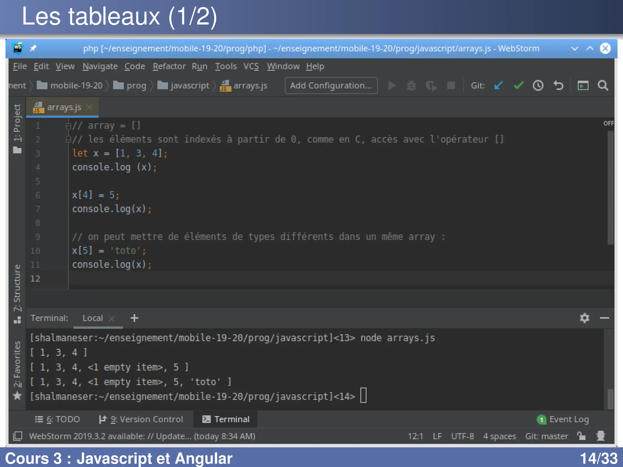 Les tableaux (1/2)
Cours 3 : Javascript et Angular 14/33
 