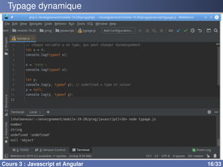 Typage dynamique
Cours 3 : Javascript et Angular 16/33
 