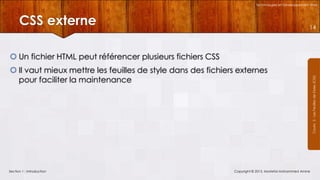 Technologies et Développement Web

CSS externe

14

 Il vaut mieux mettre les feuilles de style dans des fichiers externes
pour faciliter la maintenance

Section 1 : Introduction

Copyright © 2013, Mostefai Mohammed Amine

Courrs 3 - Les Feuilles de Styles (CSS)

 Un fichier HTML peut référencer plusieurs fichiers CSS

 