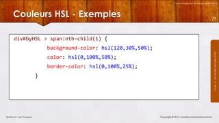 Technologies et Développement Web

Couleurs HSL - Exemples

29

div#byHSL > span:nth-child(1) {
Courrs 3 - Les Feuilles de Styles (CSS)

background-color: hsl(120,30%,50%);
color: hsl(0,100%,50%);

border-color: hsl(0,100%,25%);
}

Section 3 : Les Couleurs

Copyright © 2013, Mostefai Mohammed Amine

 