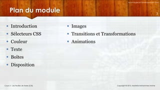 Technologies et Développement Web

Plan du module

3

 Introduction

 Images

 Sélecteurs CSS

 Transitions et Transformations

 Couleur

 Animations

 Texte

 Boîtes
 Disposition

Cours 3 – Les Feuilles de Styles (CSS)

Copyright © 2013, Mostefai Mohammed Amine

 