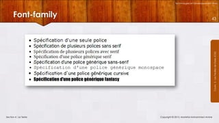 Technologies et Développement Web

43

Courrs 3 - Les Feuilles de Styles (CSS)

Font-family

Section 4 : Le Texte

Copyright © 2013, Mostefai Mohammed Amine

 