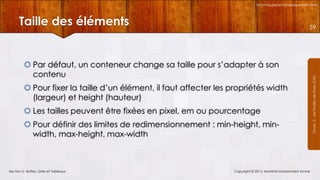 Technologies et Développement Web

Taille des éléments

 Par défaut, un conteneur change sa taille pour s’adapter à son
contenu
 Pour fixer la taille d’un élément, il faut affecter les propriétés width
(largeur) et height (hauteur)
 Les tailles peuvent être fixées en pixel, em ou pourcentage
 Pour définir des limites de redimensionnement : min-height, minwidth, max-height, max-width

Section 5 : Boîtes, Listes et Tableaux

Copyright © 2013, Mostefai Mohammed Amine

Courrs 3 - Les Feuilles de Styles (CSS)

59

 