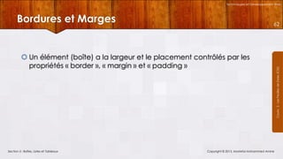 Technologies et Développement Web

Bordures et Marges

 Un élément (boîte) a la largeur et le placement contrôlés par les
propriétés « border », « margin » et « padding »

Section 5 : Boîtes, Listes et Tableaux

Copyright © 2013, Mostefai Mohammed Amine

Courrs 3 - Les Feuilles de Styles (CSS)

62

 