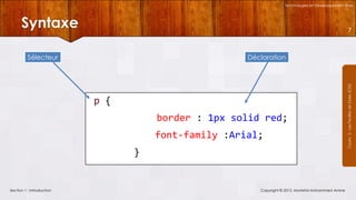 Technologies et Développement Web

Syntaxe

7

Déclaration

p {
border : 1px solid red;
font-family :Arial;
}

Section 1 : Introduction

Copyright © 2013, Mostefai Mohammed Amine

Courrs 3 - Les Feuilles de Styles (CSS)

Sélecteur

 