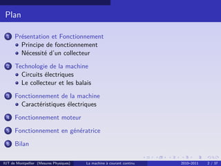 Plan
1

Présentation et Fonctionnement
Principe de fonctionnement
Nécessité d’un collecteur

2

Technologie de la machine
Circuits électriques
Le collecteur et les balais

3

Fonctionnement de la machine
Caractéristiques électriques

4

Fonctionnement moteur

5

Fonctionnement en génératrice

6

Bilan

IUT de Montpellier (Mesures Physiques)

La machine à courant continu

2010–2011

2 / 37

 