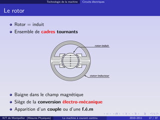 Technologie de la machine

Circuits électriques

Le rotor
Rotor = induit
Ensemble de cadres tournants
rotor-induit

stator-inducteur

Baigne dans le champ magnétique
Siège de la conversion électro-mécanique
Apparition d’un couple ou d’une f.é.m
IUT de Montpellier (Mesures Physiques)

La machine à courant continu

2010–2011

17 / 37

 